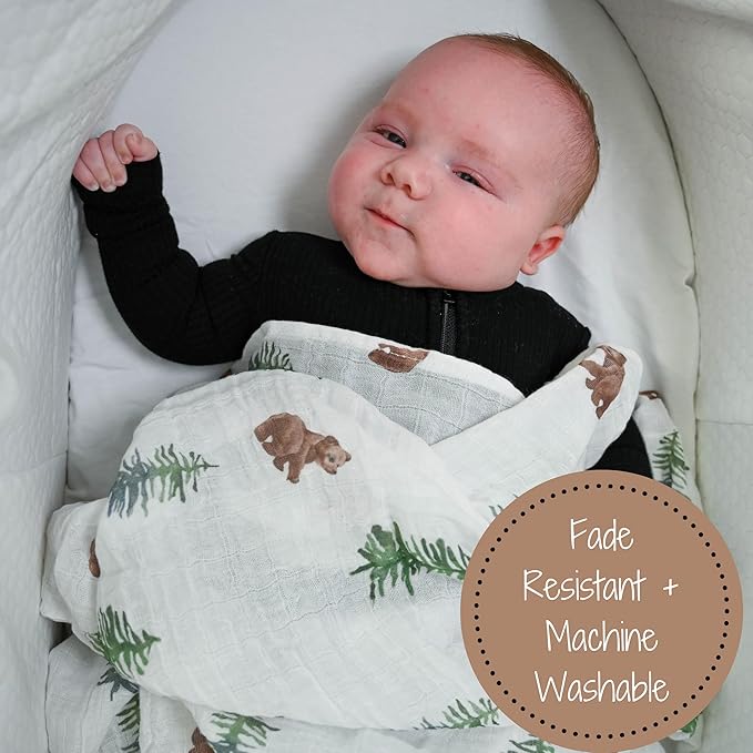 LollyBanks Swaddle Blanket, 100% Cotton Muslin Swaddle Blankets for Boys and Girls, Large 47 x 47 Inches Newborn Swaddle Receiving Blanket, Breathable Baby Blanket, Registry (Baby Bear Cub Theme)
