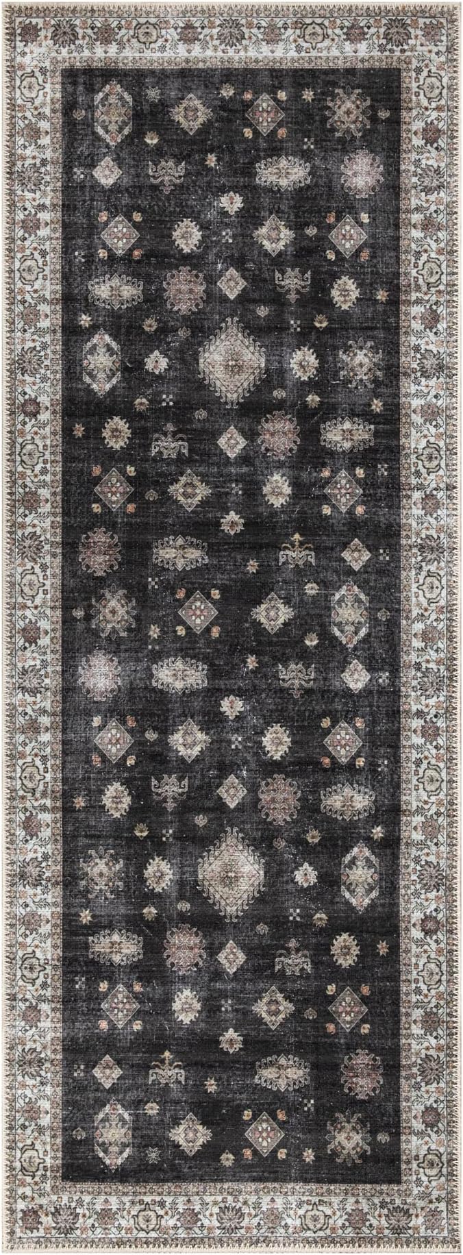 Bloom Rugs Washable Non-Slip 12 ft Runner - Black/Ivory Traditional Runner for Entryway, Hallway, Bathroom, and Kitchen - Exact Size: 2.5' x 12'