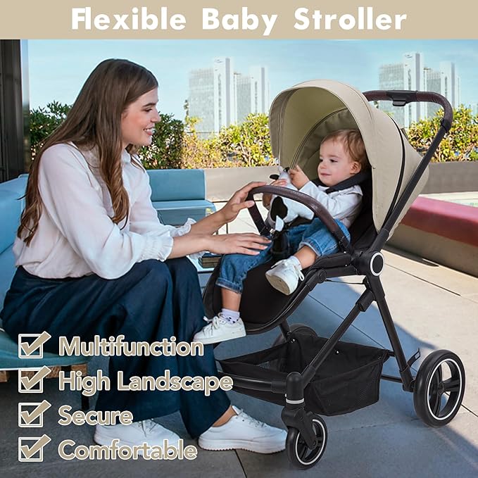 Baby Stroller, High Landscape Pushchair with Reversible Seat, One-Hand Fold and Cup Holder, 4 Modes Convertible Toddler Stroller with Storage Basket, Adjustable Footrest and Canopy, Beige
