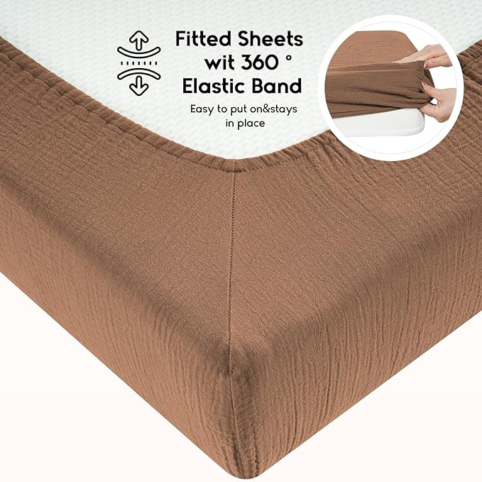 Yoofoss Muslin Crib Sheets for Boys Girls 100% Cotton Fitted Baby Crib Sheet 2 Pack Soft and Breathable for Standard Crib Mattress & Toddler Mattress 52"x28" Apricot&Brown