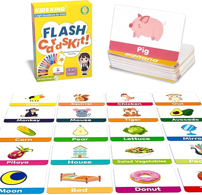 Baby Learning Flash Cards for Toddlers 1-7, Learn to Think Logically | Words Number Color Shape | 100 Double-Sided Cards Design, Educational Toys for Preschool Kindergarten Pre-K 12 Month