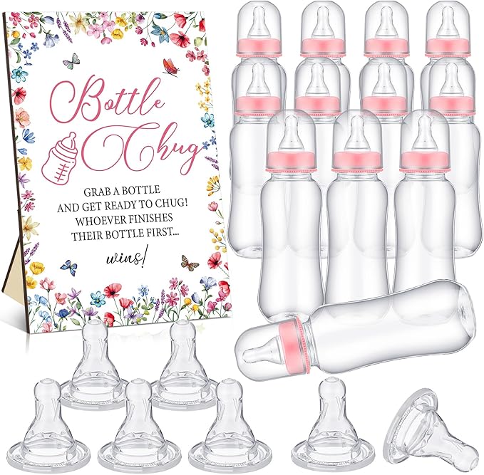 TrelaCo Wildflower Cool Baby Shower Games Wooden Bottle Chug Sign Wildflower in Bloom Gift Sets and 12 Pcs Baby Bottle Shower Favor for Wildflower Games Gender Reveal