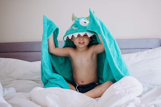 Hooded Baby Towel for Kids 2-8 | Large 100% Cotton Baby Towel for Boys or Girls | Unisex Cute Monster Bath Towels for Babies and Toddlers in Turquoise Green
