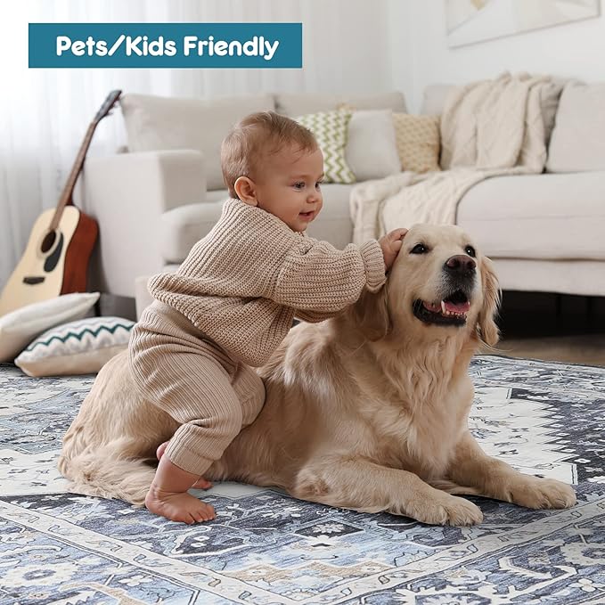 Dripex Vintage Washable Area Rug - 4x6 Distressed Rugs for Living Room Bedroom Oriental Medallion Floral Print Carpet Low-Pile Indoor Soft Non-Slip Accent Rug Farmhouse Office Home Decor