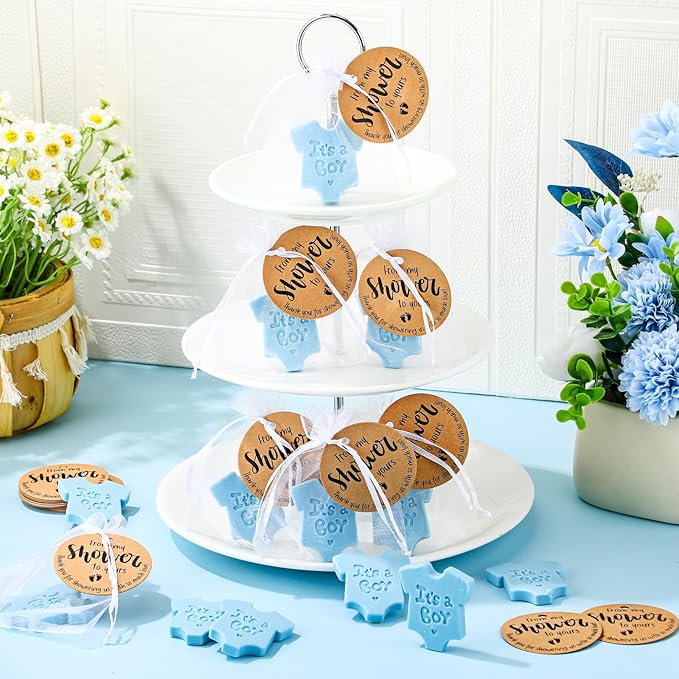 50 Sets Baby Shower Soap Favors for Guests Boy Girl Mini Handmade Scented Soaps with Thank You Tags and Organza Bags for Shower Gender Reveal Party Favors(It's A Boy,Blue Baby Shirt)