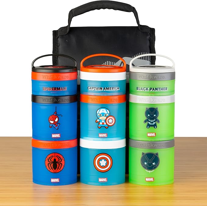 Whiskware Marvel Stackable Snack Containers for Babies, Kids, and Toddlers, 3 Stackable Snack Cups for School or Travel, Formula and Cupholder Friendly, Captain America
