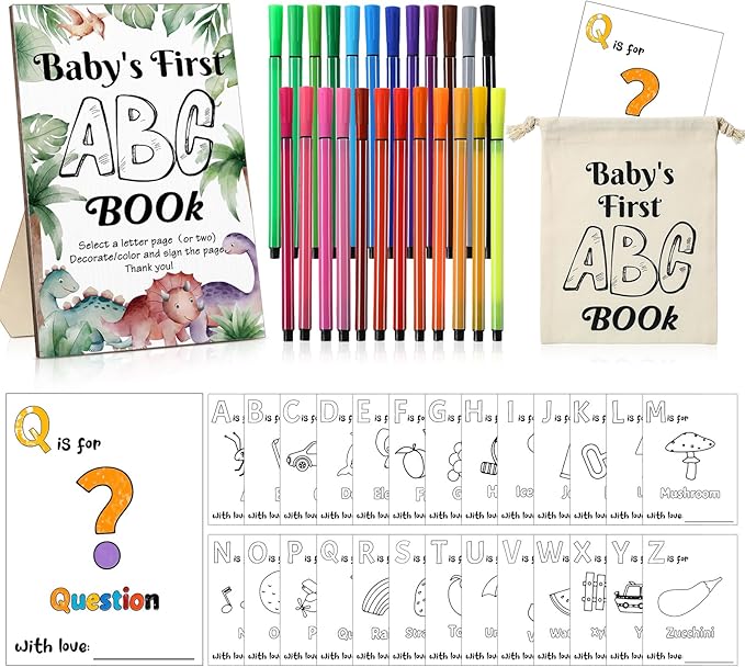 Geelin 51 Pcs Fun Baby Shower Game Activities First ABC Book Sign Coloring Game Card 26 Alphabet a to Z Coloring Card with 24 Watercolor Pen Storage Bag for Baby Shower Party(Dinosaur)