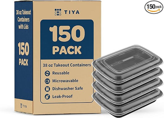 TIYA Food Containers - 38 oz Bulk 150 Pack with Lids - Rectangular Plastic To-Go Containers - Reusable, Microwavable, Dishwasher Safe - Leak-Proof for Meal Prep - BPA-Free