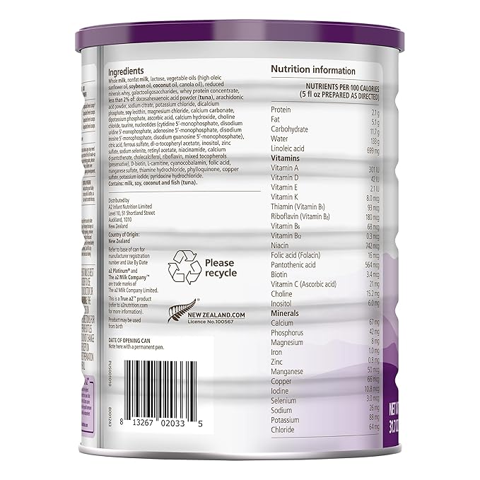 a2 Platinum® Premium Infant Formula for Babies Ages 0-12 Months, Whole Milk Powder-Based Formula with Iron, Nutritionally Complete, Made with Pure and Natural a2 Milk®, 31.7- oz Can, Pack of 6