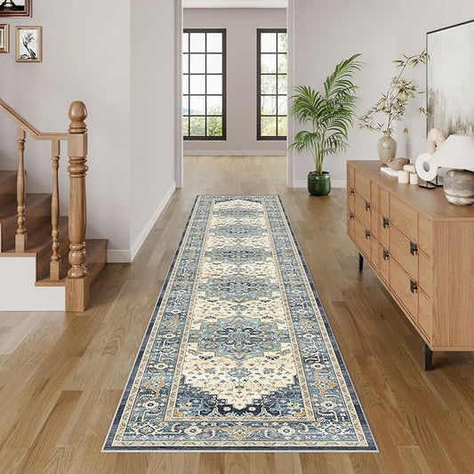 Dripex Hallway Runner Rug 2x10, Washable Rug Kitchen Rug Non Slip with Rubber Backing Soft Thin Vintage Carpet Runner for Entryway Bedroom Bathroom Laundry Room Living Room Decor, Teal Multi