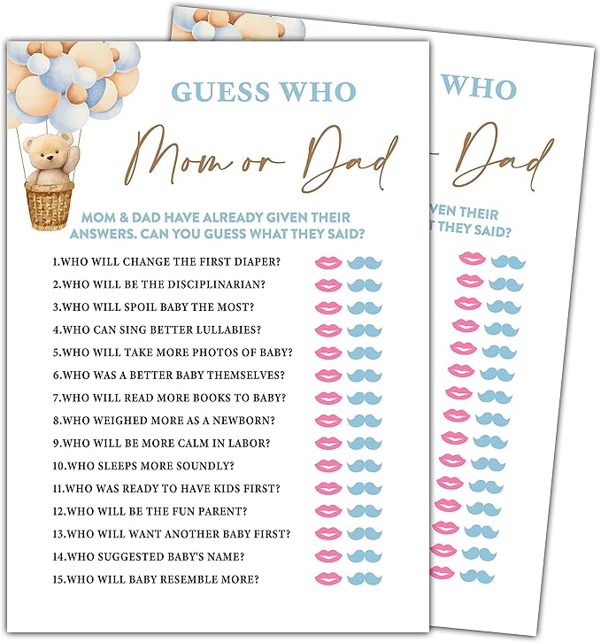 Bear Balloon 30 Guess Who Mom or Dad Game Cards, We Can Bearly Wait Gender Reveal Party Supplies Favors (5"x7") - E05