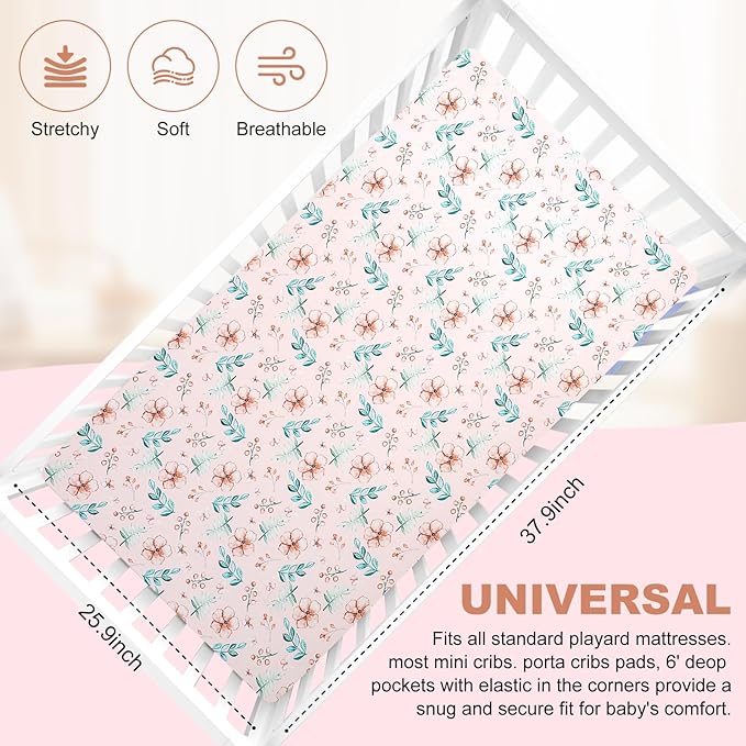 Pack n Play Flat Sheet 2 Piece Mini Crib Sheet Elastic Playard Sheet Set Portable Sheet Set Elastic Convertible Playmat Compatible Graco Pack n Play (Owl and Tree Bag) (Pink Flowers)