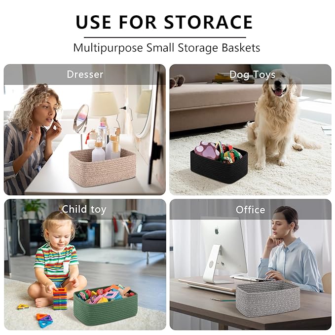 4 Pack Small Storage Shelf Baskets for Organizing, Mini Woven Rope Storage Bins for Towels, Cute Decorative Closet Organizer,Baby Nursery, Gift Empty Baskets -13''Lx8.66''Wx5.11''H-Black
