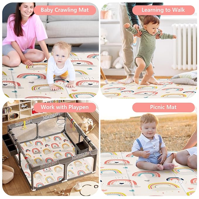 79 x 71 Baby Play Mats for Floor, Foldable Foam Play Mat for Babies 0-12 months,Thick & Waterproof Playmate for Baby, Non Toxic Baby Tummy Time Activity Playmat, Reversible Playpen Mat for Infant