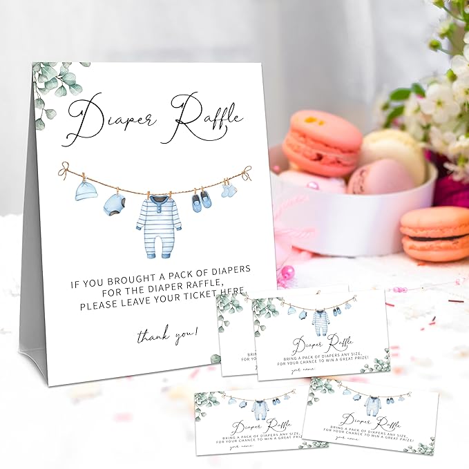 Greenery Diaper Raffle Set For Baby Shower - 50 Raffle Tickets With 1 Standing Sign - Baby Announcement, Gender Reveal Baby Shower Party Decoration Game Set - A02