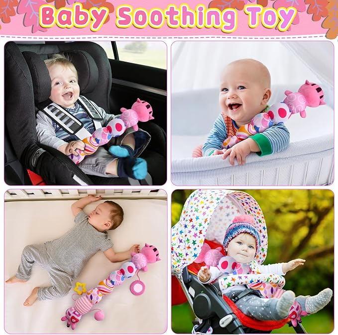 Baby Toys 0 to 12 Months, Stuffed Animal Infant Tummy Time Toys Sensory Toys with Crinkle Rattles Textures and Mirror Gifts for Newborn Boys Girls, Cat Caterpillar Musical Toys (Pink)