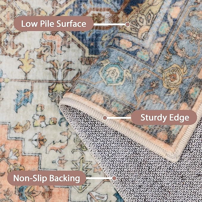 GENIMO 3x10 Runner Rugs for Hallway, Machine Washable Non Slip Vintage Rugs, Low Pile Lightweight Soft Print Rug for enrtyway, Corridor, Home Office, Kitchen, Blue Brick Red