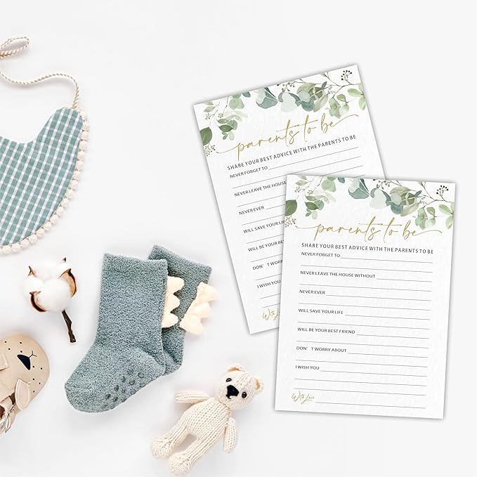Parents To Be Advice Baby Shower Game Cards - Golden Greenery - 30 Double-Sided Fill In Style Game Cards For Gender Reveal, Baby Announcement, Party Games & Activity - D08