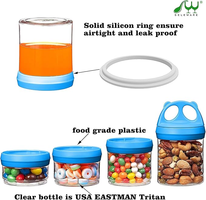 SELEWARE Portable Stackable Food Storage Containers for Snacks Formula Powder and Drinks Twist Lock System Airtight Leak-proof BPA and Phthalate Free 4 Piece Jars 31oz Blue