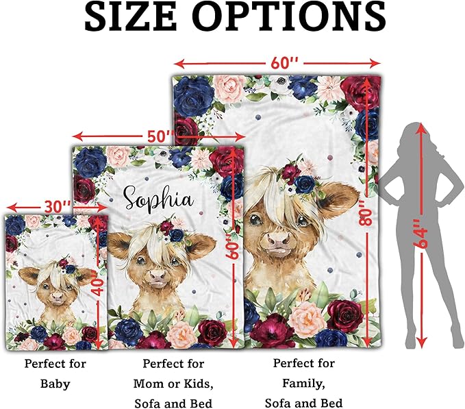 Highland Cow Personalized Baby Blanket for Girls, Super Soft Plush Fleece, 30''x40''