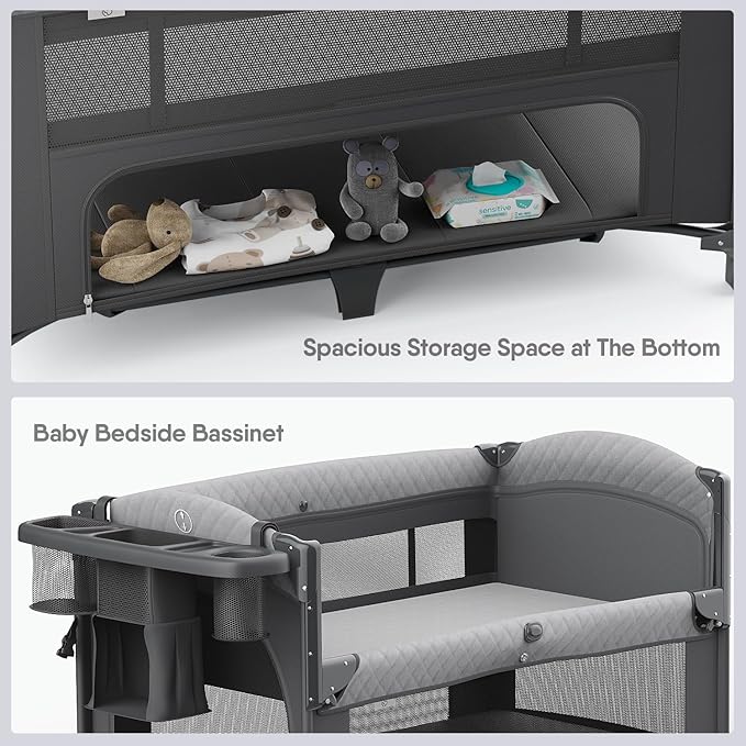 4 in 1 Baby Bassinet, Pack and Play, Bedside Crib Sleeper, Diaper Changer - Comes with Mattress, Mosquito Net,Bottom Storage and Toy Bar for Newborn to Toddles