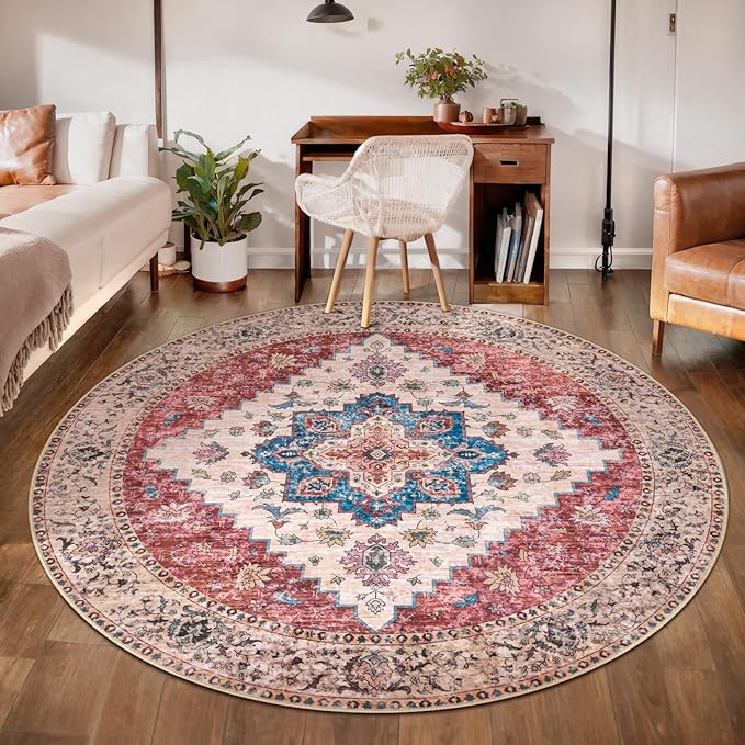 Ciicool Boho Area Rug Washable 6x6ft Round Bedroom Rug Non-Slip Oriental Throw Rug Low-Pile Floor Carpet for Dining Room Living Room