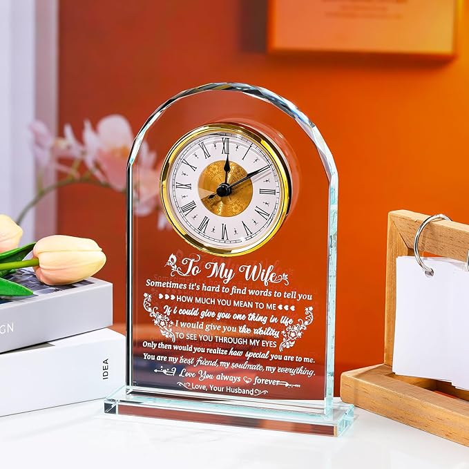 Glass Clock Gifts for Wife from Husband Unique Personalized Gift Idea for Wife Who Has Everything on Birthday Anniversary Presents for Her Home Decor