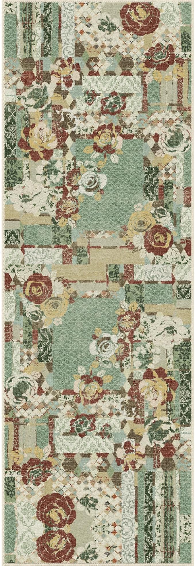 GENIMO Floral Runner Rug 2X6, Machine Washable Non Slip Vintage Patchwork Hallway Runner, Ultra-Thin Low Pile Runners for Indoor Entryway, Hallway, Kitchen and Corridor, Celadon Green