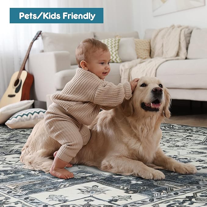 Dripex Vintage Washable Area Rug - 4x6 Distressed Rugs for Living Room Bedroom Oriental Medallion Floral Print Carpet Low-Pile Indoor Soft Non-Slip Accent Rug Farmhouse Office Home Decor