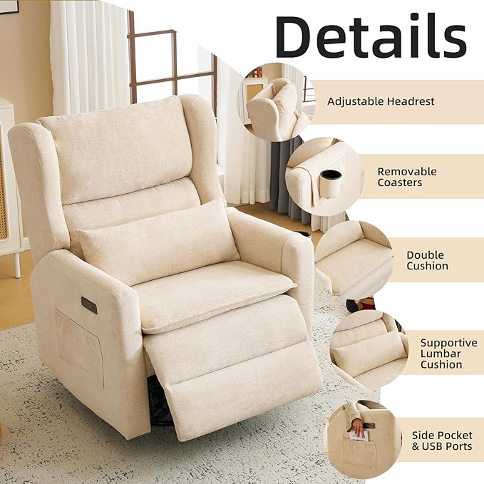 Oversized Swivel Rocker Recliner Chair, 26" Extra Wide Glider Nursery Chair with Adjustable Headrest, Chenille Power Recliner Rocking with Double Cushion, Cup Holder, Beige