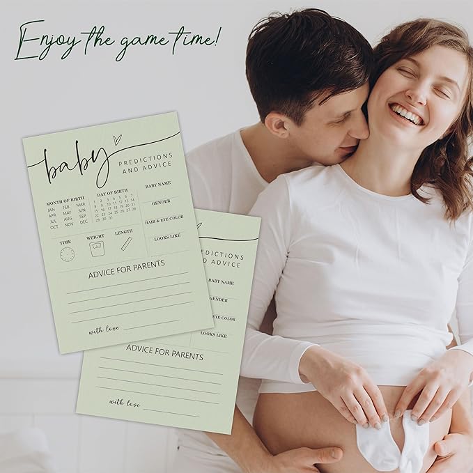 Sage Green Baby Shower Game Cards, Advice & Predictions, Double-Sided Design, 30 Gender Neutral Game Cards For Baby Shower Party, Baby Announcement, Advice For The Parents, Party Favor & Decor - C02