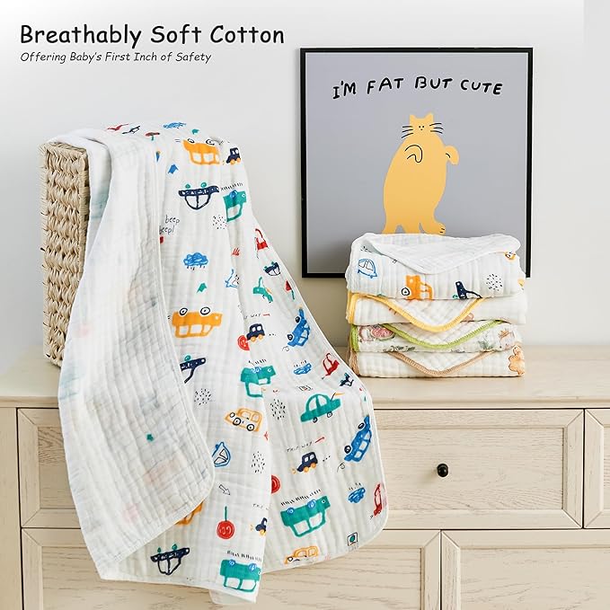 Luxury Muslin Baby Blanket, Cozy Swaddle, 6-Layer Cotton Receiving Blanket for Newborn Infant, 59x43 Inch Lightweight Breathable Crib Blanket, Nursery Stroller Toddler Quilt, Car Family