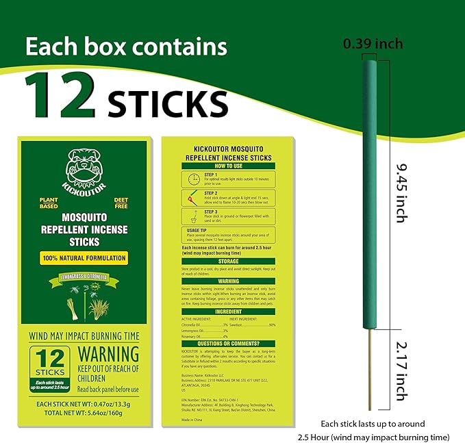 KICKOUTOR® Mosquito Repellent Outdoor Patio 12 PCS Natural Citronella Mosquito Incense Sticks DEET Free Mosquito Barrier Repeller for Backyard Travel Camping Indoor Gnat Mosquito Control
