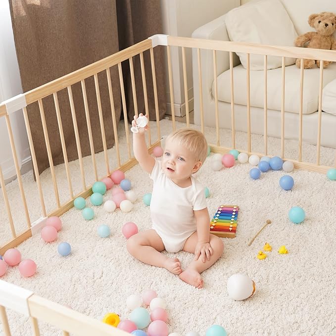 GGF Wooden Baby Playpen -63 * 47 * 24 in, Large Wood Gate Playpen for Babies and Toddlers, Baby Fence Play Yard with Door for Kids Activity Center
