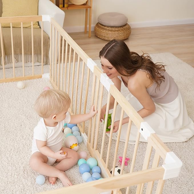 GGF Wooden Baby Playpen -71 * 59 * 24 in, Large Wood Gate Playpen for Babies and Toddlers, Baby Fence Play Yard with Door for Kids Activity Center