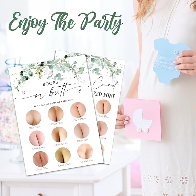 Greenery Baby Shower Game Cards - Set of 30 Boobs Or Butt - Double Sided Print Baby Announcement Gender Reveal Game Card For Parents To Be - Baby Shower Party Activities Supplies - A10