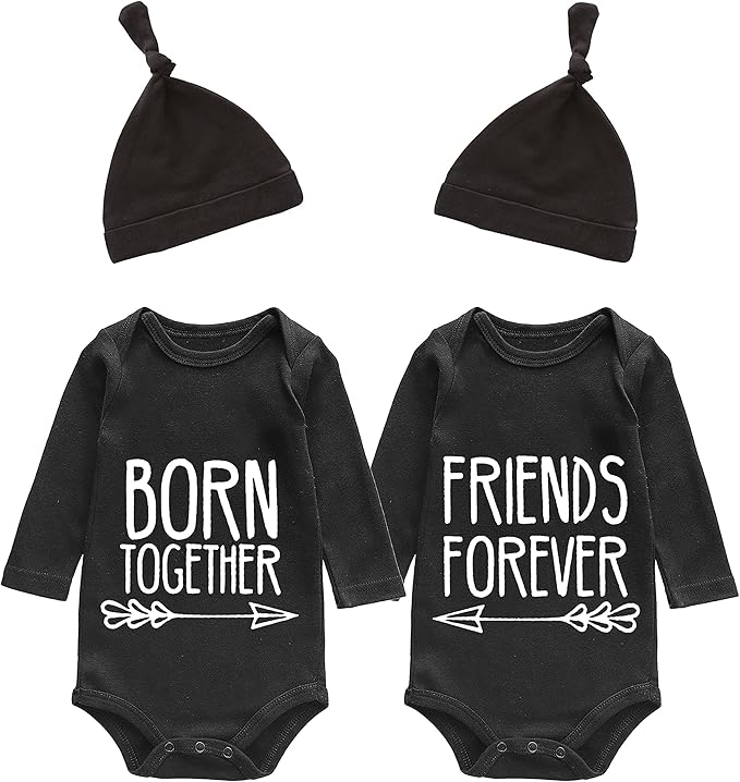 YSCULBUTOL Baby Twins Bodysuits Best Friends Forever Baby Clothes Set with Bibs Girl Outfit with hat