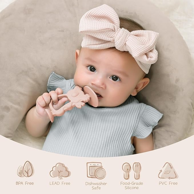 Moonkie Teething Toy Set of 2, Safe & Easy to Hold BPA Free Silicone Teethers, 360° Baby Toothbrush with Suction Base, Teether Toys Best for Babies 6-12 Months (Koala Blush/Shifting Sand)