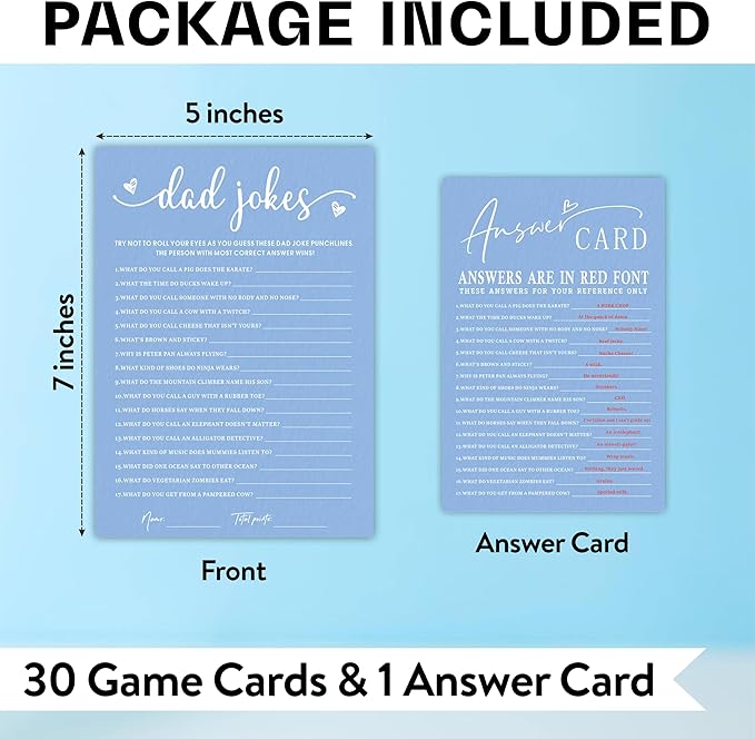 EXW Dad Jokes Baby Shower Game Cards, Funny Baby Shower Games, Baby Shower Guessing Games,Blue Minimalism Game Cards, Party Supplies & Decorations, 30 Game Cards & 1 Answer Card -B06