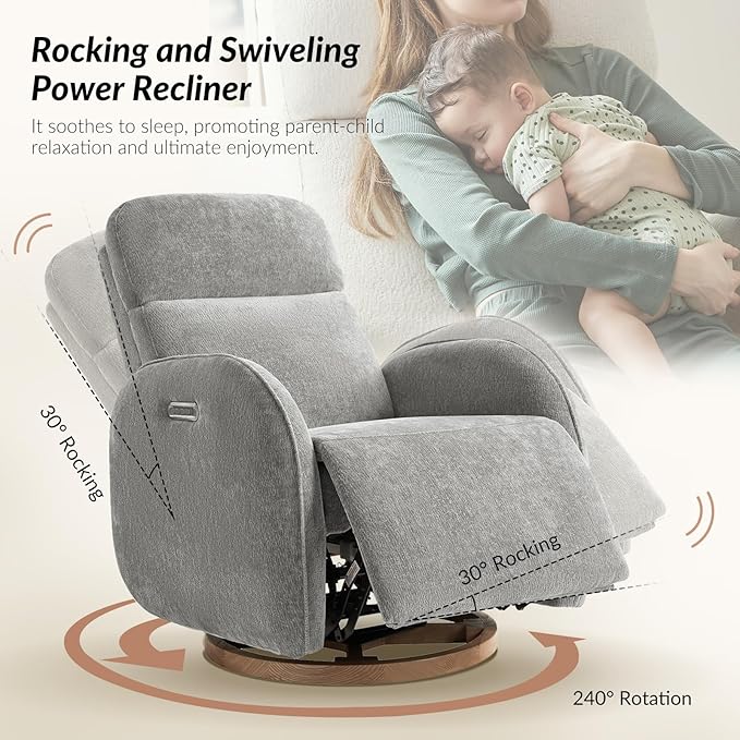 HULALA HOME Glider Recliner Nursery Chair with Adjustable Headrest and Lumbar Support, Modern Power Recliner with USB Port and Nightlight, Swivel Rocker Glider for Nursing Room Bedroom, Grey