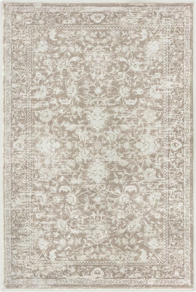 KILOCOCO Moroccan Small Area Rug 2x3 Entryway Rugs Printed Vintage Floral Washable Rug Non-Slip Kitchen Indoor Door Mat, Accent Throw Small Rugs for Laundry Room Bedroom Entrance, Beige