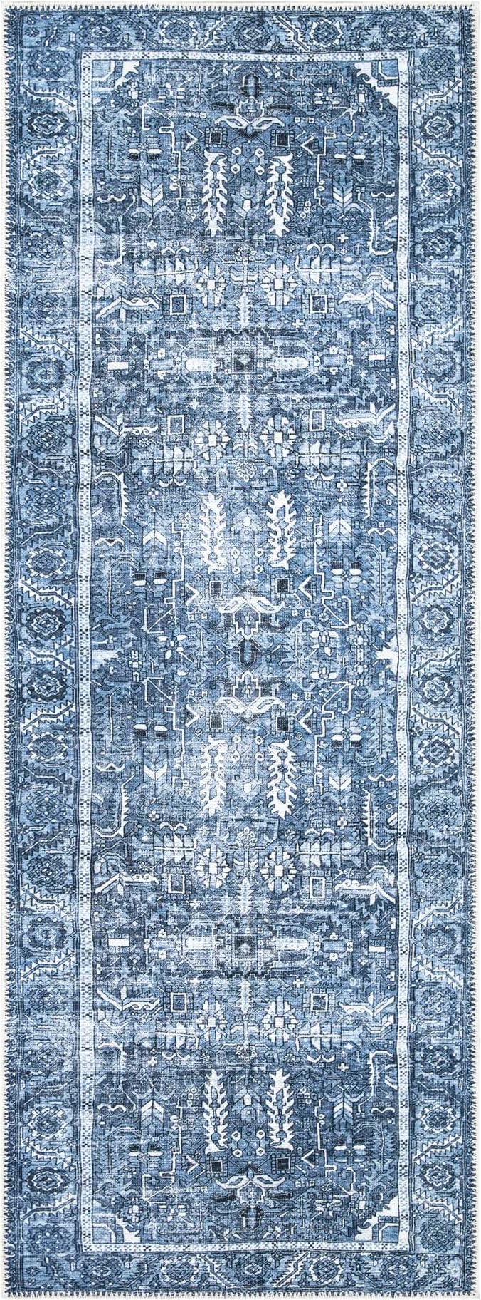Bloom Rugs Washable Non-Slip 7 ft Runner - Blue Traditional Runner for Entryway, Hallway, Bathroom, and Kitchen - Exact Size: 2.5' x 7'