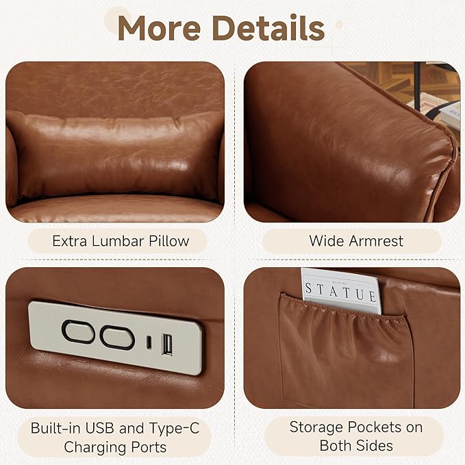 Power Recliner Rocking Chair Nursery Gliders with Adjustable Armrests and Headrest, Swivel Electric Glider Reclining Nursing Chair with USB Port and Storage Bags, FSC Certified(Leather, Brown)