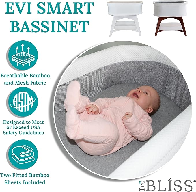 Evi Smart Baby Bassinet Beside Sleeper with Auto-Glide, Ambient Nightlight & Sensory Sounds, Compatible with Alexa and Google Home, Includes 2 Sheets (White W/White Legs)