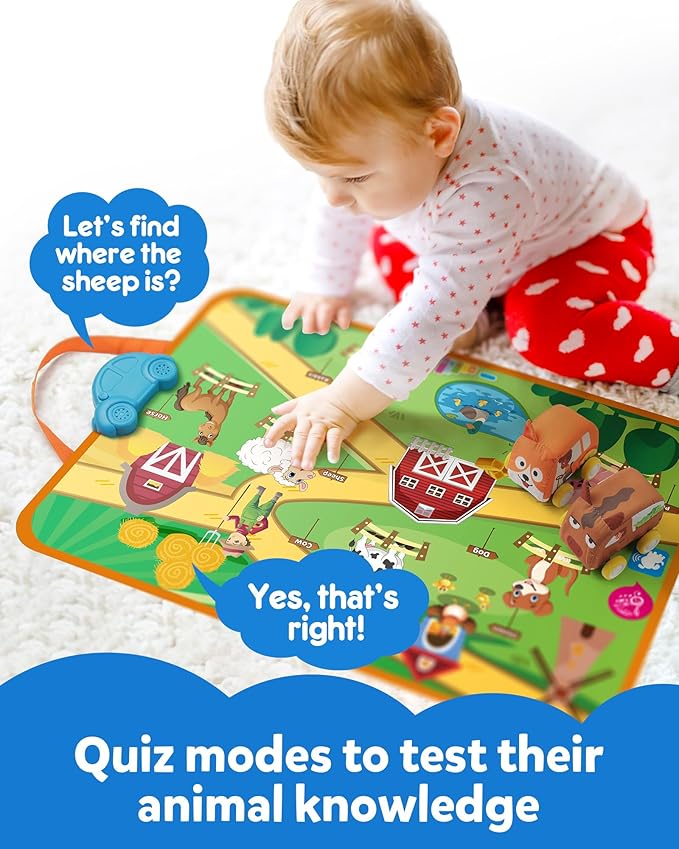 Coogam Musical Cars Play Mat for 1 2 3 Year Old Toddlers Easter Basket Stuffers, Soft Pull-Back Vehicle Set with Farm Animals Playmat Rug, Baby Fine Motor Montessori Toys Game