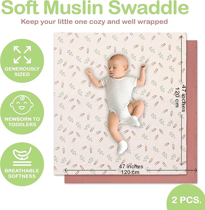 Organic Cotton Muslin Baby Blanket - 47x47 Inch Breathable Swaddle, Hypoallergenic Double-Layer, Versatile Use (Pink Floral, 47x47 Inch)