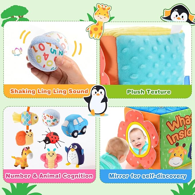 Baby Toys 6-12 Months, Mystery Montessori Sensory Soft Box Toy with 8 Stuffed Animals for 6 7 8 9 10 12 Month Old Babies Girl Boy Gifts Learning Busy Boxes Birthday for Infant & Toddler