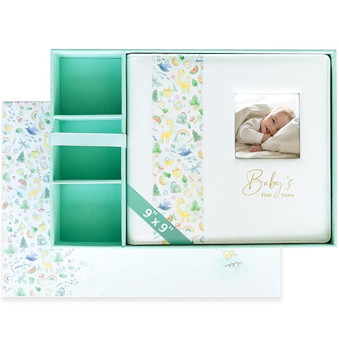 Keepsake Baby Memory Book With Box - Timeless Leather-Bound Milestone Book | Photo Memory Box to Record Baby Shower to Age 5 - Beautiful Gift for Girls and Boys