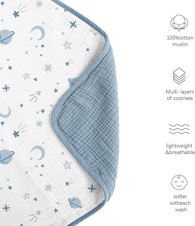 Konssy Muslin Baby Blankets for Girls Boys, 100% Cotton Crib Blanket for Infant Toddler, Super Soft and Lightweight Nursery Swaddling Wrap 40"x36" (Star)