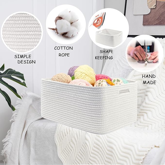 COMFY-HOMI 3 pcs Large Storage Baskets for Shelves, Laundry Basket, Woven Rope Basket, Closet Organizer Bins for Clothes Blanket Towels, Baby Nursery, Gift Toy Baskets, 17” x 13” x 7.5”-White